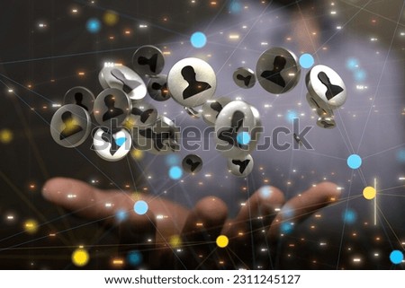 A 3D rendered silver user icons floating on a palm of a hand