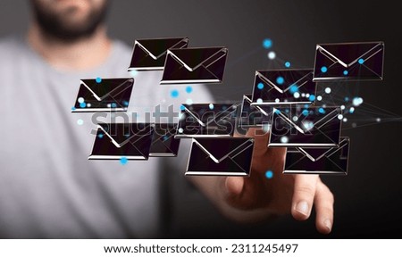 A person pointing to 3D rendered black email envelope icons