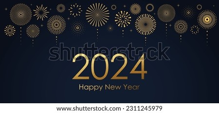 2023 New Year Abstract golden fireworks and golden gradient numbers on dark blue background Royalty-Free Stock Photo #2311245979