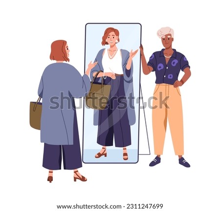 Woman looking at mirror reflection, new image. Personal stylist and female customer in fashion stylish clothes, modern apparel, accessories. Flat vector illustration isolated on white background