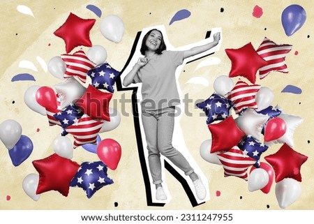 Creative photo collage of funny asian girl usa citizen dancing holiday fourth July parade striped us flag decorated background