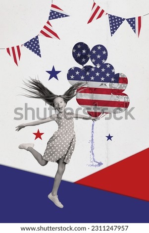 Vertical picture collage of little pretty girl jumping hold american flag print air balloons visit parade small patriot have fun