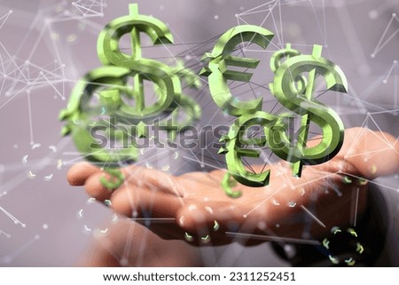 A businessman presenting a 3D rendered hologram of different currency icons in cyberspace