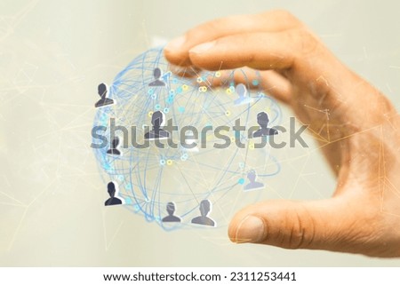 A floating digital web of network in the hands f the businessman