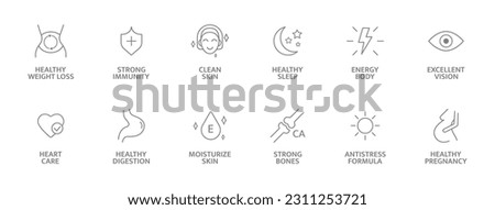 Healthy food supplement line icon set. Organic, bio, vegan product. Natural health vitamins, probiotics label for packaging. Detox diet badges. Clean skin. Nutrition sign. Vector illustration. Royalty-Free Stock Photo #2311253721