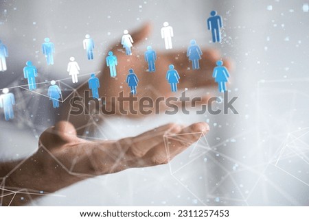 A businessman presenting the 3D rendered blue person icons in a cyberspace network