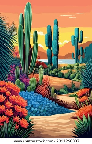 cactus garden with a variety of succulents, cacti and other desert plants, with a blooming desert rose in the foreground fantasy