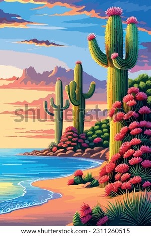 cactus garden with a variety of succulents, cacti and other desert plants, with a blooming desert rose in the foreground fantasy