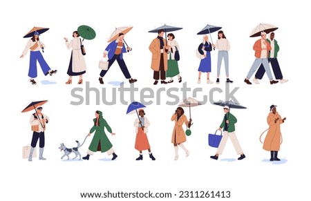 People holding umbrellas in hands, walking among puddles, standing under rain. Characters in rainy weather outdoor. Friends, couples in downpour. Flat vector illustrations isolated on white background
