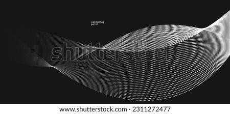 Abstract background vector illustration over black, dots in motion by curve lines, particles flow wave isolated, monochrome black and white illustration.