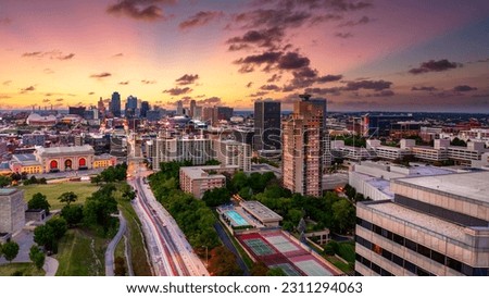 Aerial view of Kansas City skyline at dusk, viewed from Penn Valley Park. Kansas City is the largest city in Missouri.