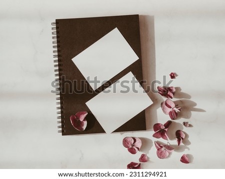 Two blank white cards, dry pink flowers on black notebook on white background with shadows top view. Forms for business, advertising. Empty space for text. Minimal modern style