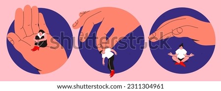 Set of big hands and small people. Giant hand holding and covering tiny persons. Psychological help, support, calmness, assistance concept. Hand drawn round Vector isolated illustrations