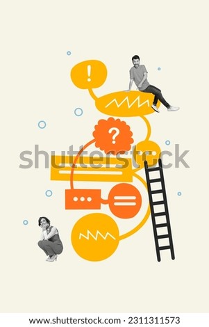 Vertical placard composite collage 3d picture two people colleagues together speaking discussion climb ladder isolated on beige background