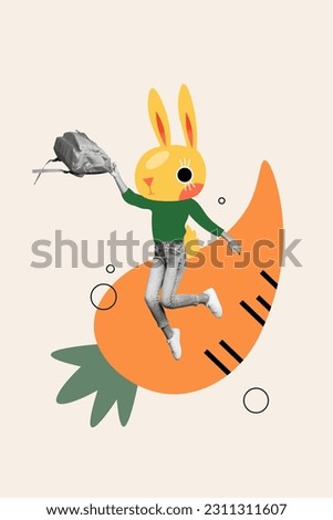 Creative artwork graphics collage of funny cartoon little lady bunny head rising rucksack isolated drawing background