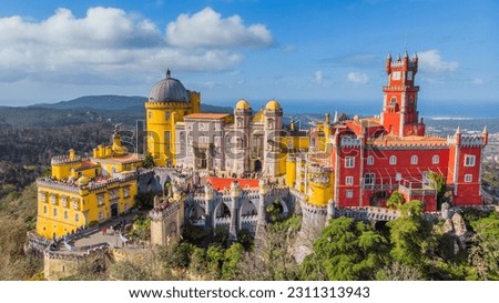 Aerial photographs. View from a flying drone. Pena Palace in Sintra. Lisbon, Portugal. A famous landmark. Top View. Royalty-Free Stock Photo #2311313943