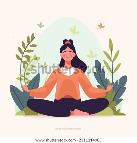A woman meditates in a pastel background with flowers and leaves. Conceptual illustration for yoga, meditation, relaxation, rest, healthy lifestyle. Vector cartoon flat illustration Royalty-Free Stock Photo #2311314985
