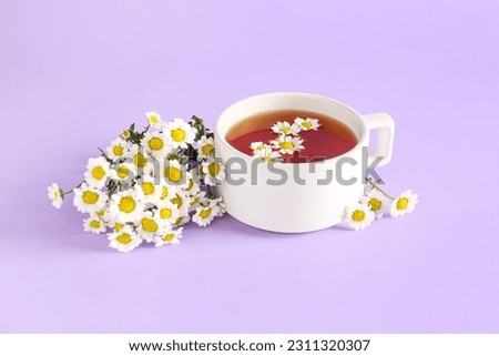 Cup of natural chamomile tea and flowers on lilac background