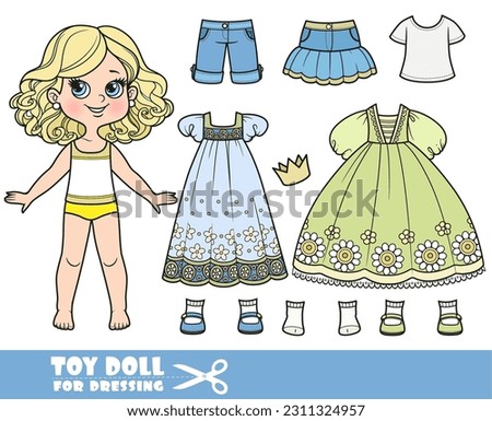 Cartoon blond girl  and clothes separately - skirt, shorts, T-shirt, sandals, socks, sundress, ball gown and crown doll for dressing Royalty-Free Stock Photo #2311324957