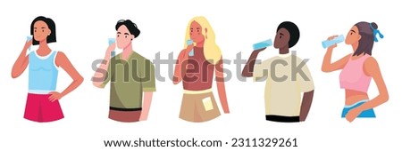 Set of people with glasses of water on white background