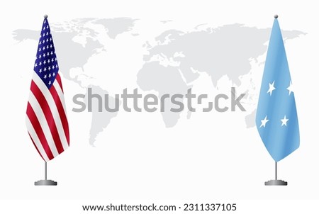 United States and Micronesia flags for official meeting against background of world map.