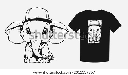 Adorable monochrome cartoon of a cute elephant baby sitting with big ears. Perfect for prints, shirts, and logos. Playful and endearing. Vector illustration.