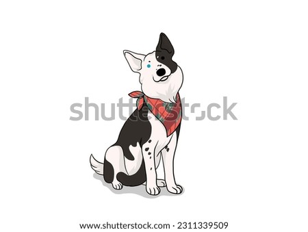 A white sheepdog with black spots sits. Dog with a bandana