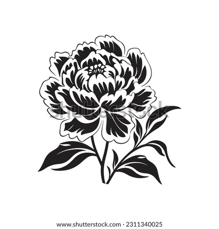 Peony flower , black sillouette, lines thick and connected. Park and garden flowers
