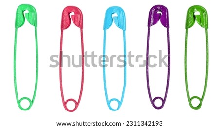 Multicolor safety pins isolated on white background. lots of colorful pins closeup Royalty-Free Stock Photo #2311342193