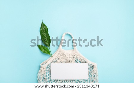 International plastic bag free day concept. Sustainable and Ecology lifestyle. Say no to plastic. Go green. Save nature. Reusable and recycling paper, textile cotton bags, mesh bags on blue background