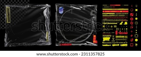 Empty plastic bag. Empty transparent plastic packaging on an insulated background. Realistic plastic film overlay for album cover design with a collection of stickers retro futuristic style. Vector Royalty-Free Stock Photo #2311357825