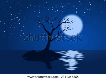Beautiful simple moonlight night illustration with tree silhouette and stars Royalty-Free Stock Photo #2311366665