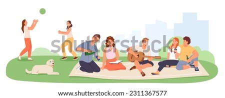 Company rests in nature. Friends had picnic. Young man plays guitar, women play ball, dog lies on grass. Summer leisure in park. Calm and active recreation of young people Royalty-Free Stock Photo #2311367577