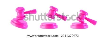 3d pink judge gavel icons isolated on white background. Render of auction hammer and concept of law and judgment. 3d cartoon simple vector illustration Royalty-Free Stock Photo #2311370973