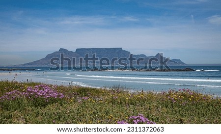 Table Mountain, famous landmark of Cape Town in South Africa, pictured over Table Bay from the equally famous Bloubergstrand beachfront.