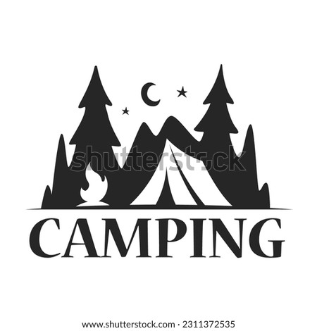 logo camping; Drawing of a tent in the forest at night and with a bonfire