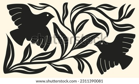 Abstract botanical art background vector. Natural hand drawn pattern design with bird, leaves, branch. Simple contemporary style illustrated Design for fabric, print, cover, banner, wallpaper.