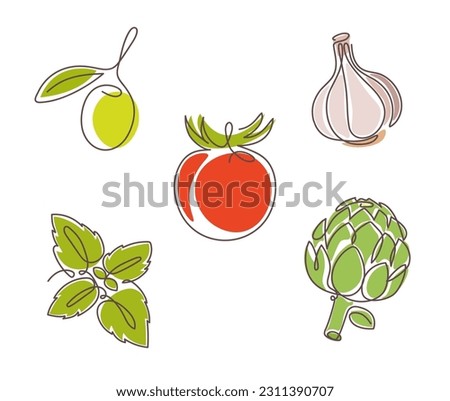 Set of Italian cuisine ingredients - tomato, basil, olive, garlic and artichoke. One continuous line drawing art. Vector illustration isolated on white background. Perfect for logo, icon and so on Royalty-Free Stock Photo #2311390707