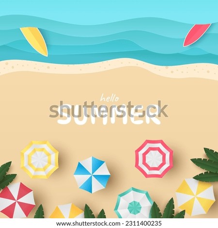 Summer time background. Aerial view beach with waves and umbrellas. Vector illustration Royalty-Free Stock Photo #2311400235