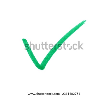 Check mark drawn with turquoise marker isolated on white, top view