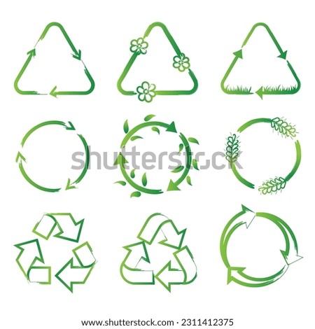Round and triangular green arrows. Recycling. Set of recycling icons. A creative hand drawn logo of green arrows representing recycling.