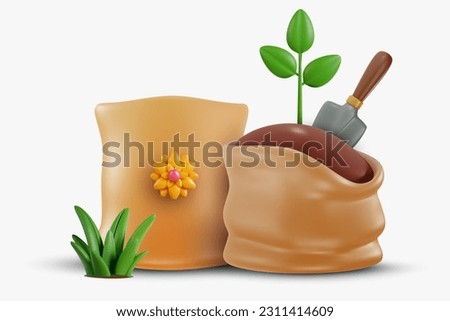 Bag of soil or organic fertilizer for garden. 3d cartoon design composition in modern minimal style. Vector bright concept or illustration. Royalty-Free Stock Photo #2311414609