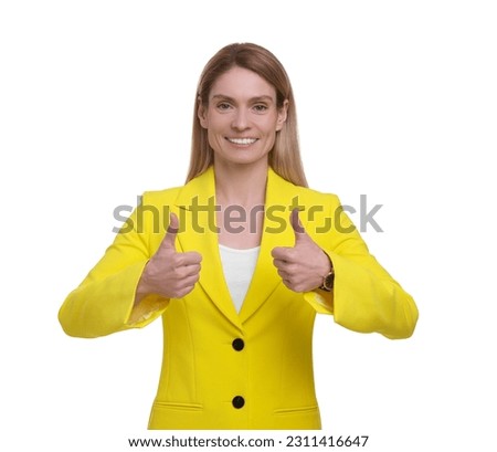 Beautiful happy businesswoman showing thumbs up on white background