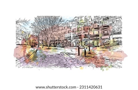 Building view with landmark of  Rockville is the city in Maryland. Watercolor splash with hand drawn sketch illustration in vector.
