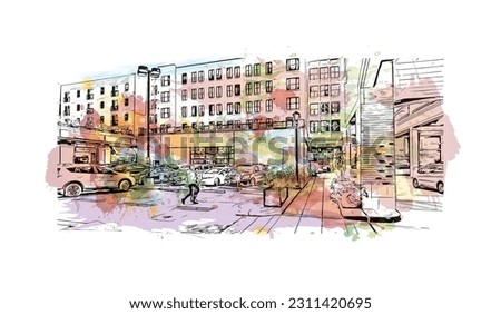 Building view with landmark of  Rockville is the city in Maryland. Watercolor splash with hand drawn sketch illustration in vector.