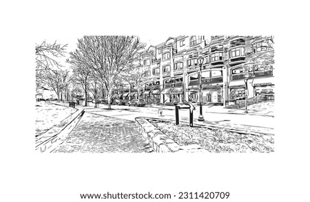 Building view with landmark of  Rockville is the city in Maryland. Hand drawn sketch illustration in vector.