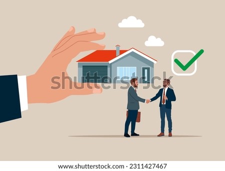 Business people shaking hand after business deal. Purchase and pick real estate home. Safe property purchase deal, transaction security. Vector illustration Royalty-Free Stock Photo #2311427467