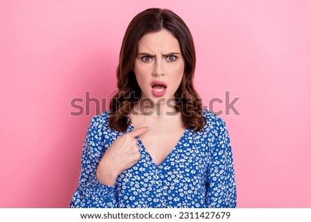 Photo of angry annoyed mad woman with wavy hairdo wear blue dress directing at herself false accusation isolated on pink color background Royalty-Free Stock Photo #2311427679