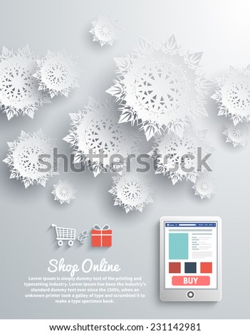 Paper snowflakes and modern device smartphone online shop on gray background