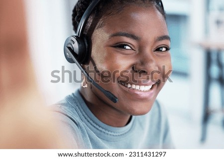 Selfie, face and black woman in call center, smile and telemarketing for customer service or support in office. Portrait, contact us and African female sales agent taking professional profile picture